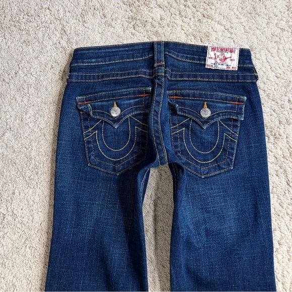 Womens True Religion Jeans size 27 Joey Low Rise Flare Y2K Blue Flap pockets - Picture 2 of 11